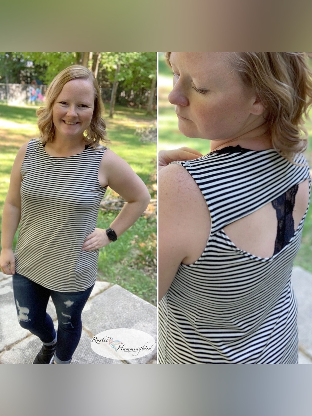 Striped Black & White Sleeveless Keyhole Back Top